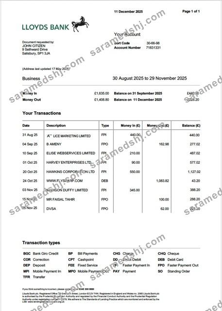 UK Lloyds Bank account statement Word and PDF template
